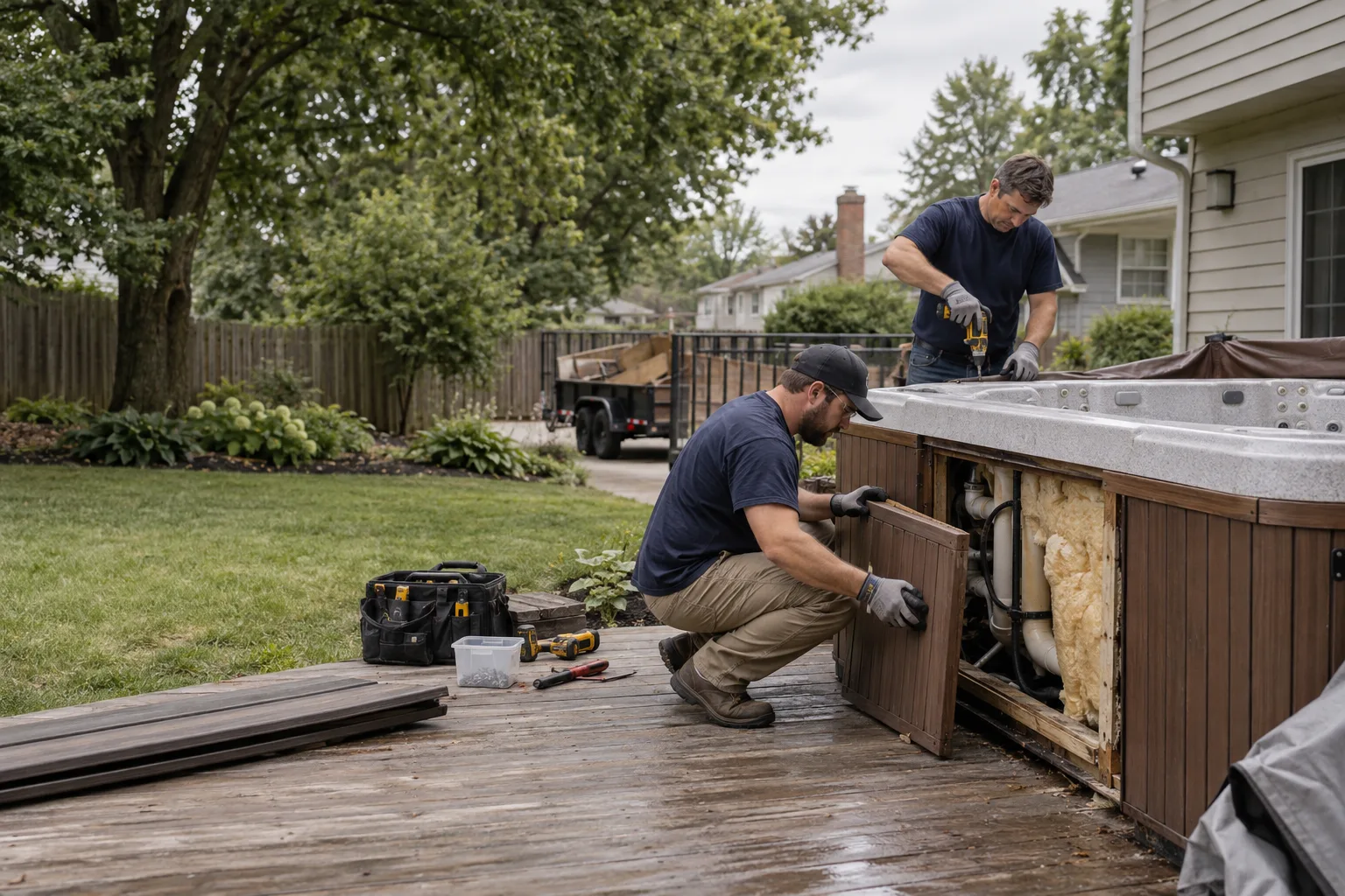Crew dismantling a disconnected hot tub in a residential backyard