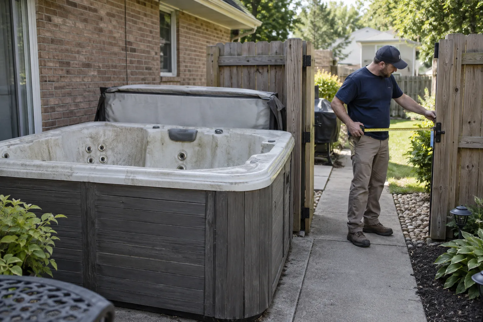 Worker measuring backyard access before hot tub removal